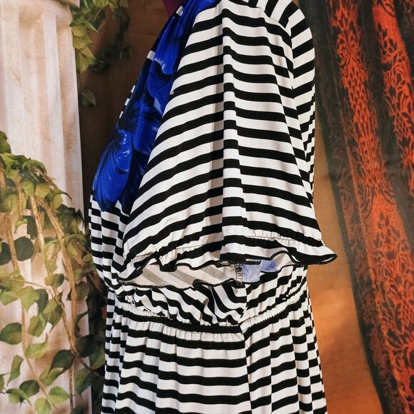 EUC: En Focus Studio Sze 20W Black & White Striped Blue Floral Dress - Picture 4 of 6